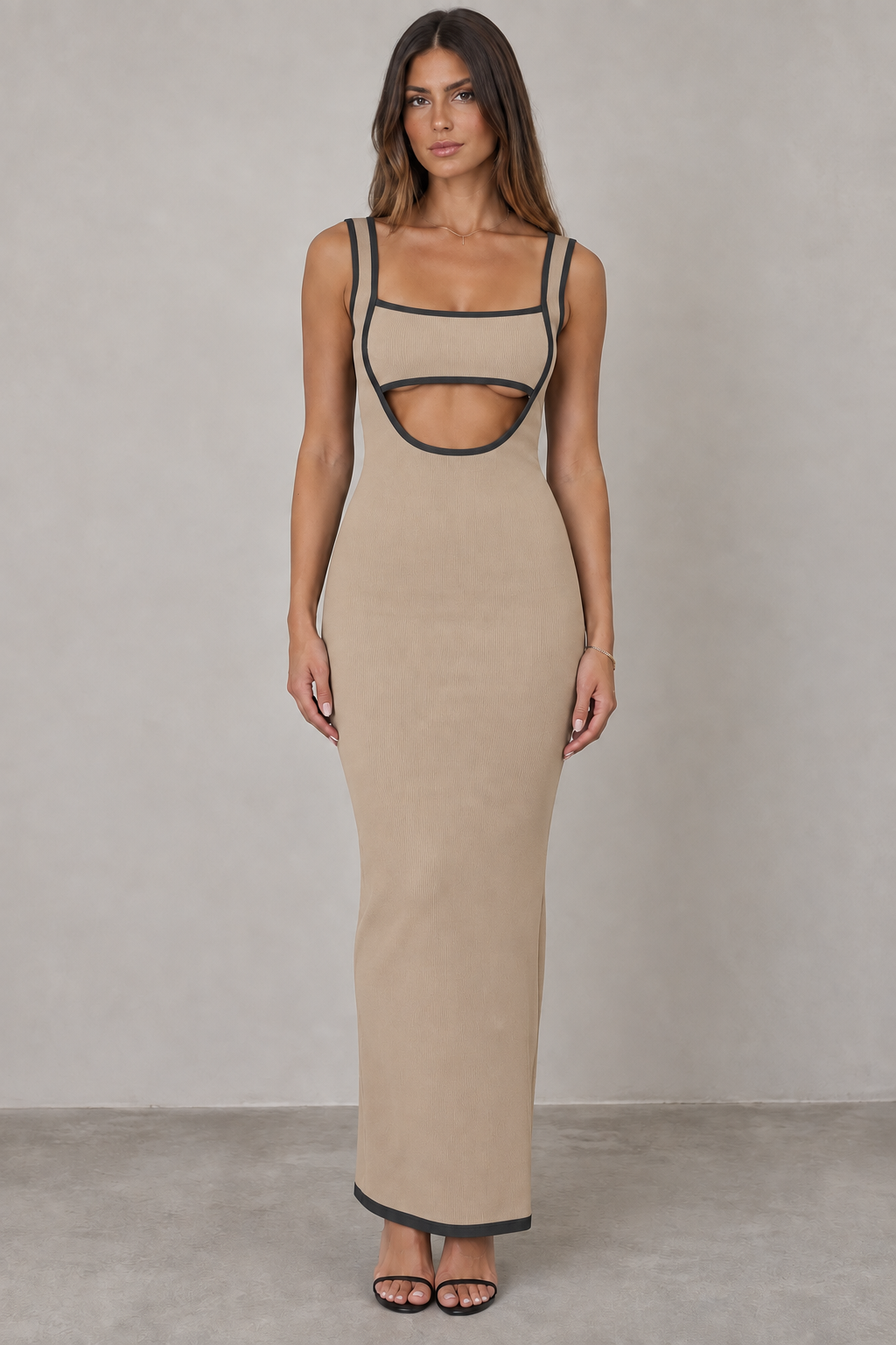 Beige contrast trim backless maxi dress front view