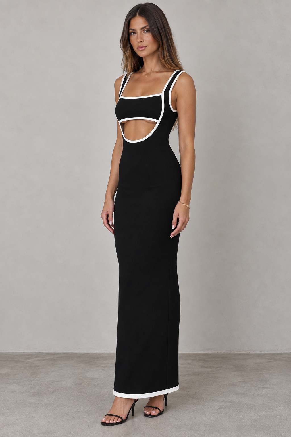Black contrast trim backless maxi dress angled view