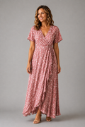 Dusty Rose Floral Wrap Maxi Dress – front view