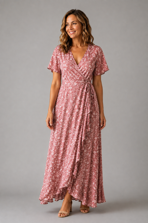 Dusty Rose Floral Wrap Maxi Dress – front view