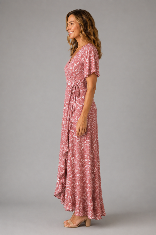 Dusty Rose Floral Wrap Maxi Dress – side view