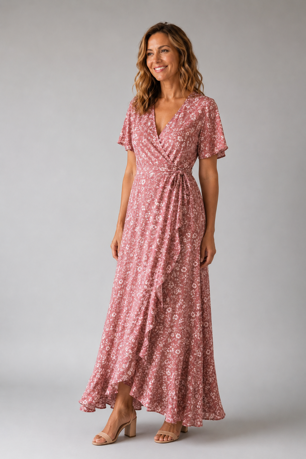 Dusty Rose Floral Wrap Maxi Dress – three-quarter view