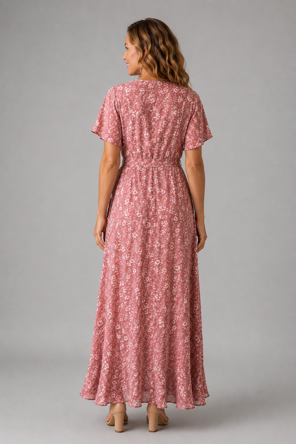 Dusty Rose Floral Wrap Maxi Dress – back view