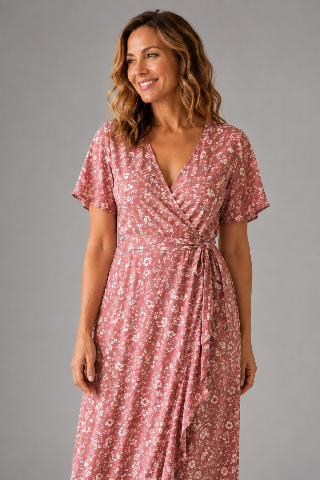 Dusty Rose Floral Wrap Maxi Dress – fabric and bodice detail