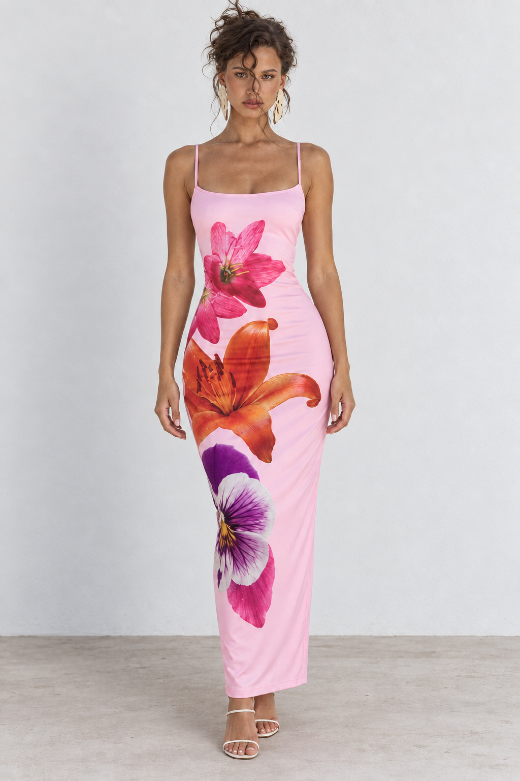 Pink multicolour floral maxi dress front view
