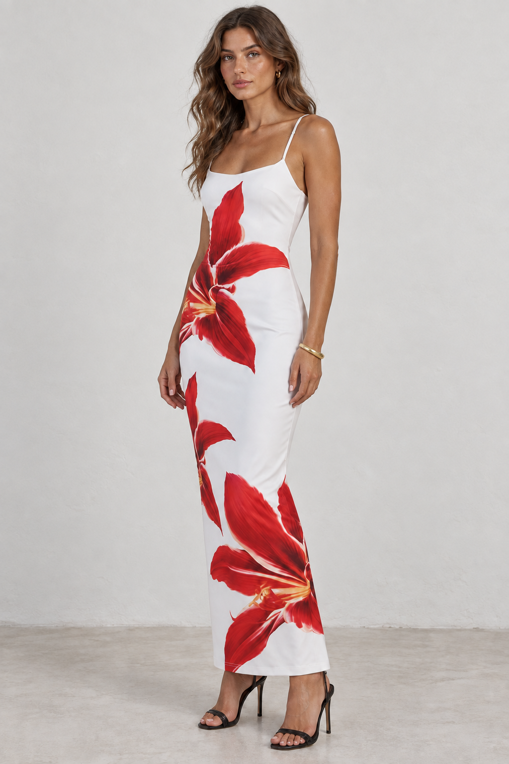 White and red floral maxi dress angled view