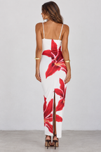 White and red floral maxi dress back view with slit
