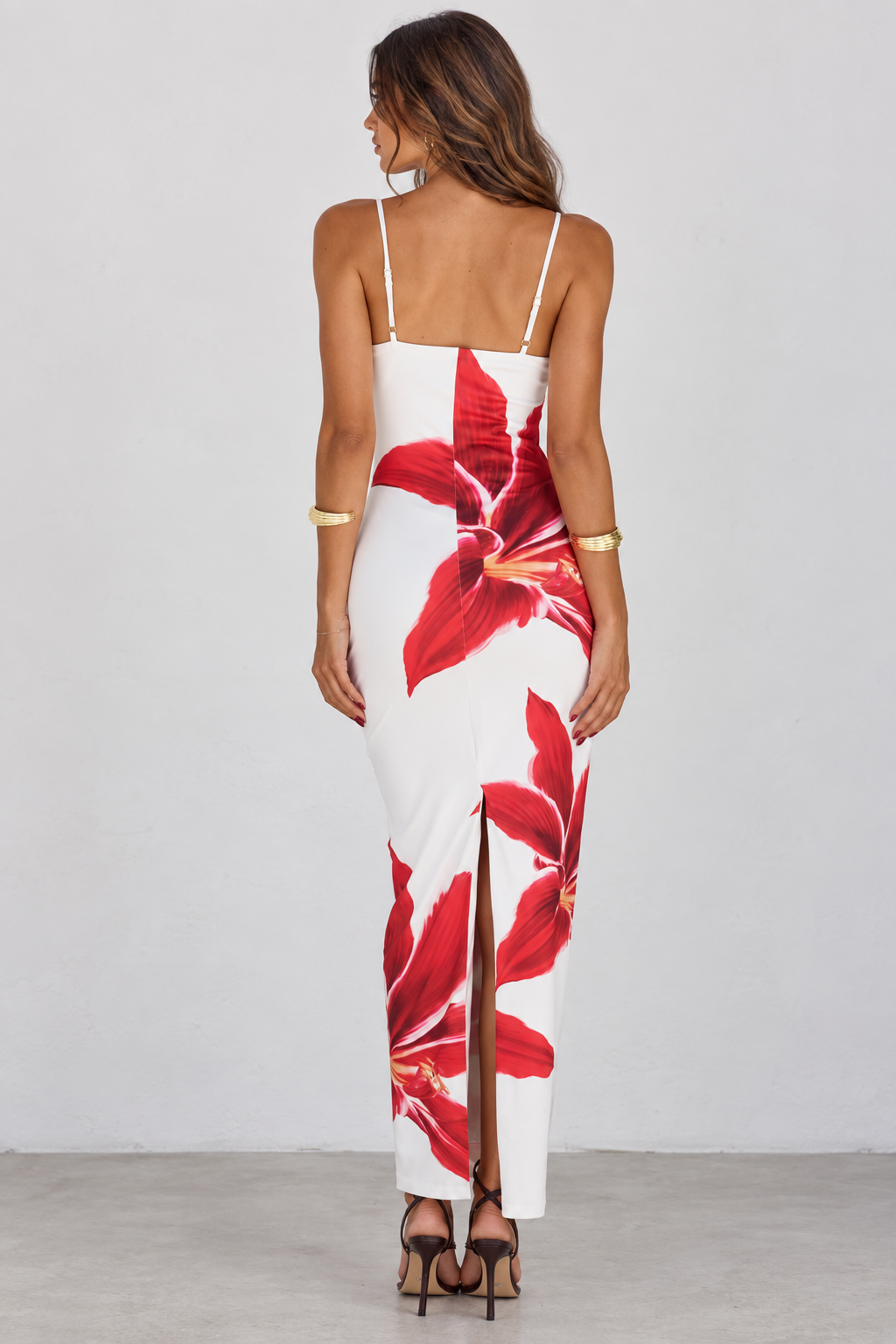 White and red floral maxi dress back view with slit