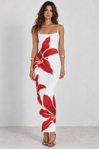 White and red floral maxi dress front view