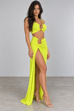 Hardware cutout maxi skirt set — yellow angled view