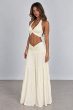 Ivory halter top and tiered maxi skirt set angled view
