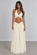 Ivory halter top and tiered maxi skirt set front view