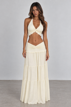 Ivory halter top and tiered maxi skirt set front view