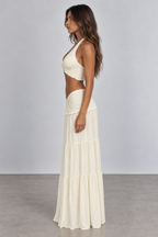 Ivory halter top and tiered maxi skirt set side view