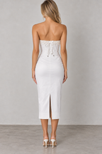 Ivory pearl trim strapless midi dress back view