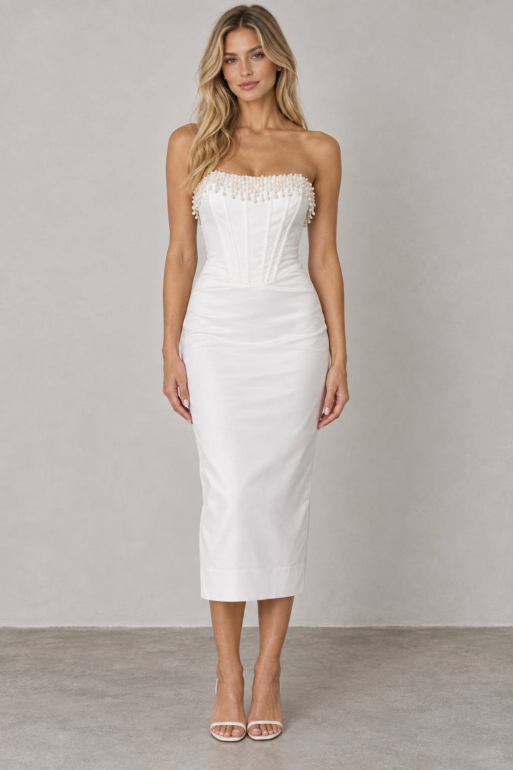 Ivory pearl trim strapless midi dress front view