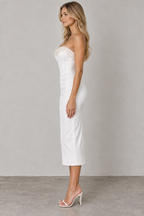 Ivory pearl trim strapless midi dress side view