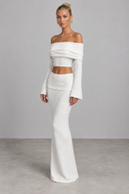 Ivory textured off-shoulder crop top and maxi skirt set, angled view