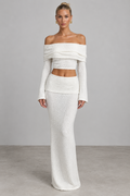 Ivory textured off-shoulder crop top and maxi skirt set, front view