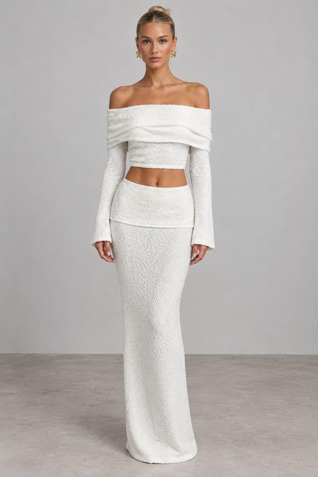 Ivory textured off-shoulder crop top and maxi skirt set, front view