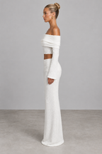 Ivory textured off-shoulder crop top and maxi skirt set, side view