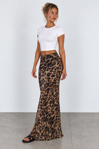 Leopard print maxi skirt, angled front view on model