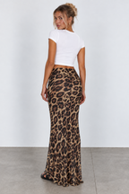 Leopard print maxi skirt, back view on model
