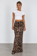 Leopard print maxi skirt, front view on model