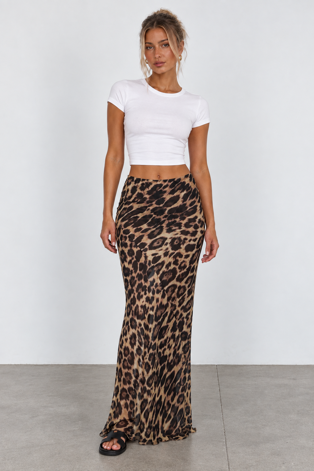 Leopard print maxi skirt, front view on model