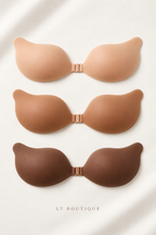 LT BOUTIQUE Invisible Lift Bra Cups — front views in Nude/Beige, Caramel Tan and Deep Cocoa Brown