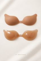 LT BOUTIQUE Invisible Lift Bra Cups — caramel, front and adhesive inside views