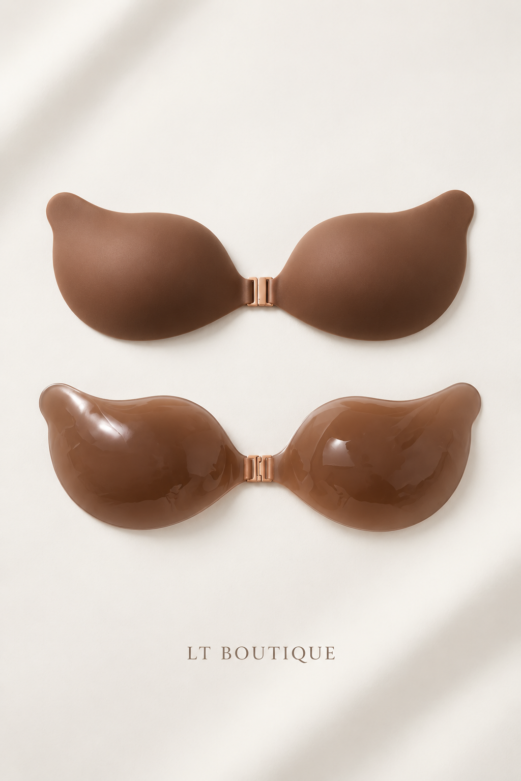 LT BOUTIQUE Invisible Lift Bra Cups — cocoa, front and adhesive inside views