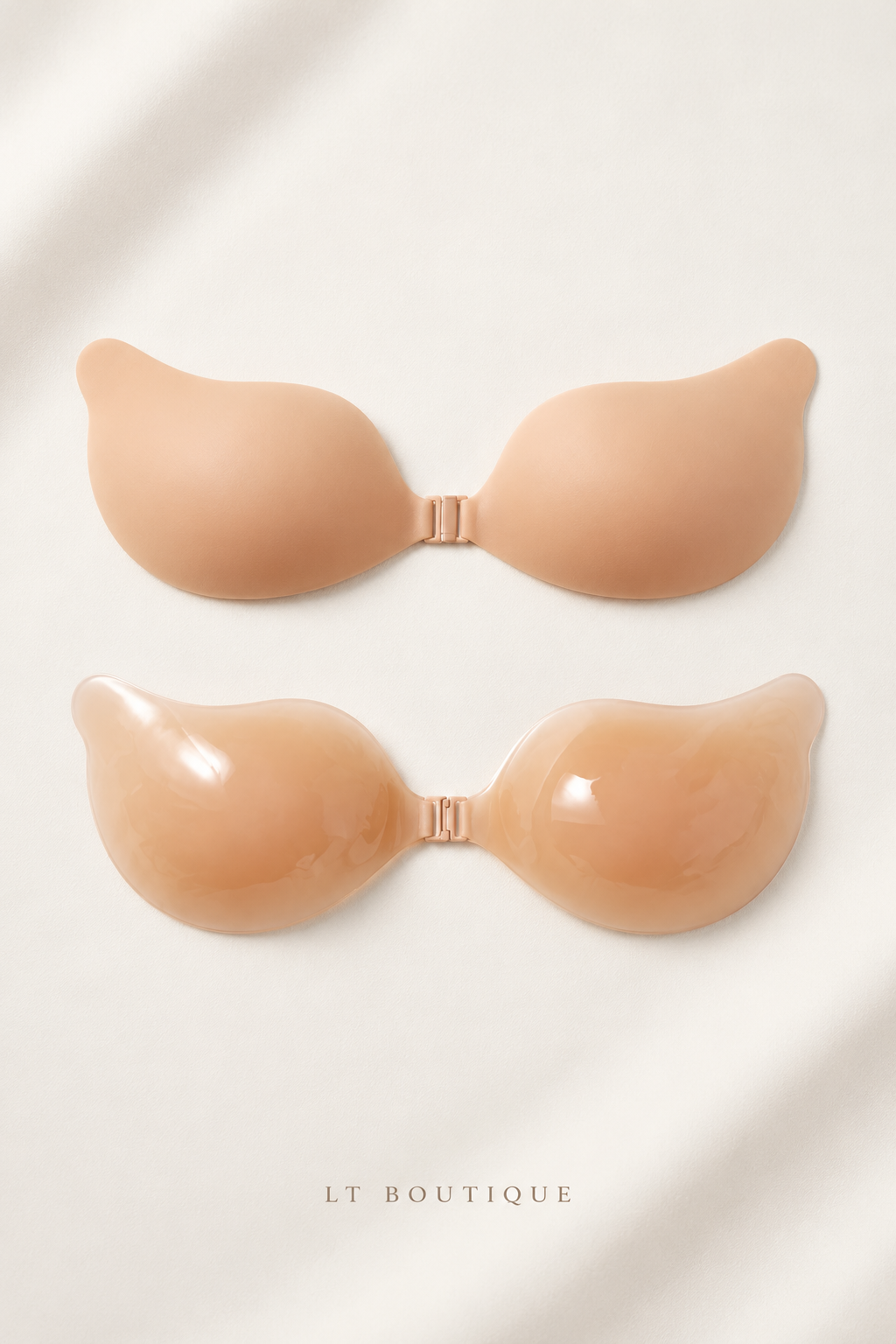 LT BOUTIQUE Invisible Lift Bra Cups — Nude/Beige, front and adhesive inside views