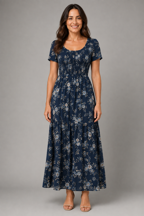 Midnight Bloom Ruched Floral Maxi Dress – front view