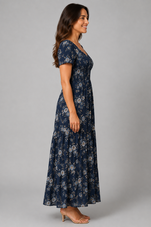 Midnight Bloom Ruched Floral Maxi Dress – side view