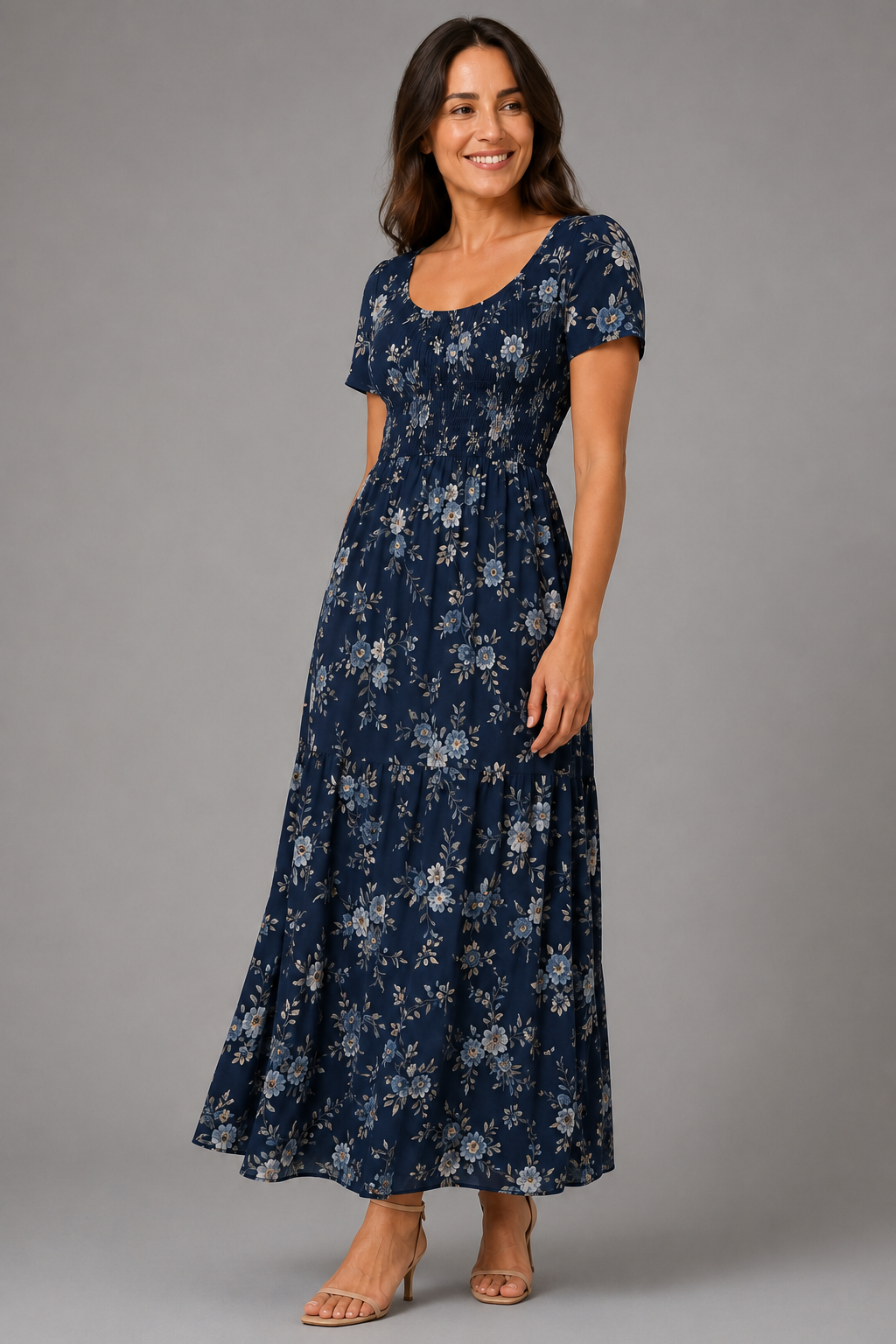 Midnight Bloom Ruched Floral Maxi Dress – three-quarter view