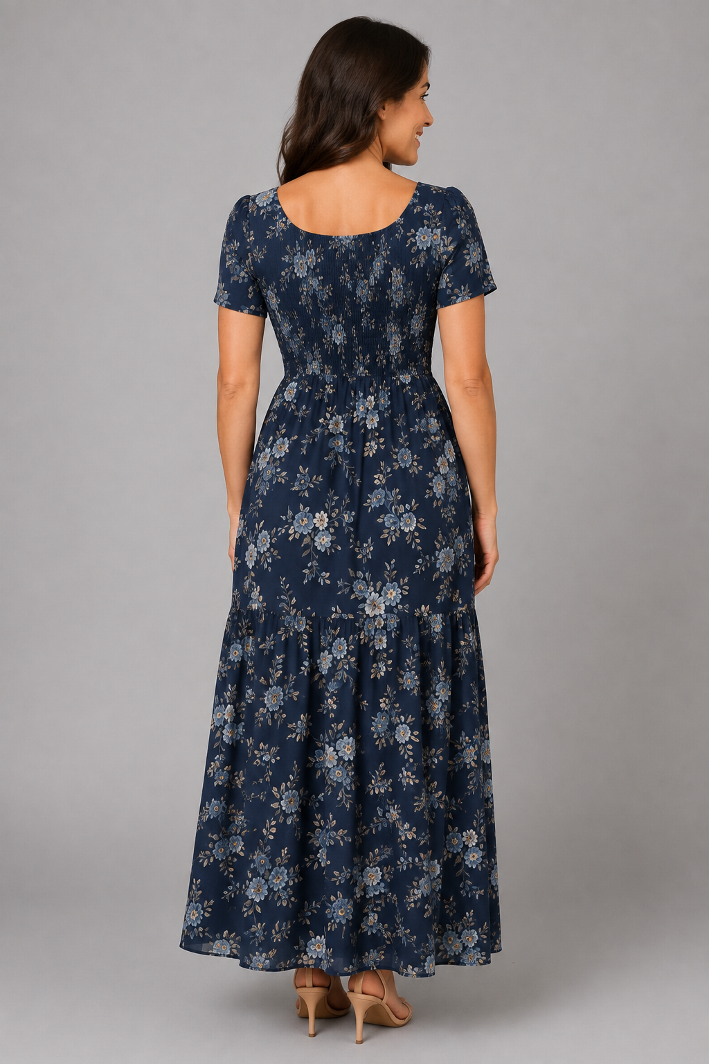 Midnight Bloom Ruched Floral Maxi Dress – back view