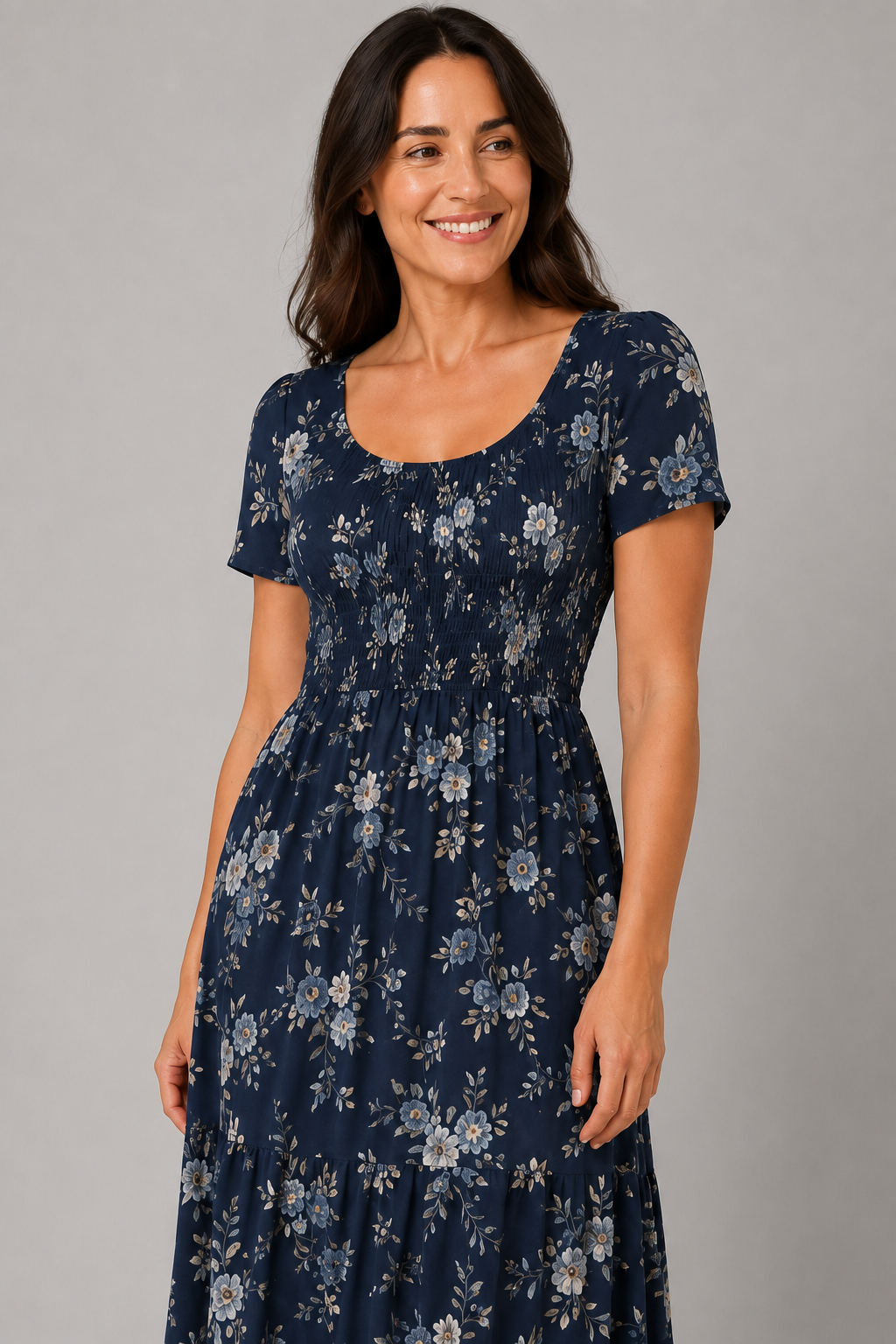 Midnight Bloom Ruched Floral Maxi Dress – ruched bodice and fabric detail