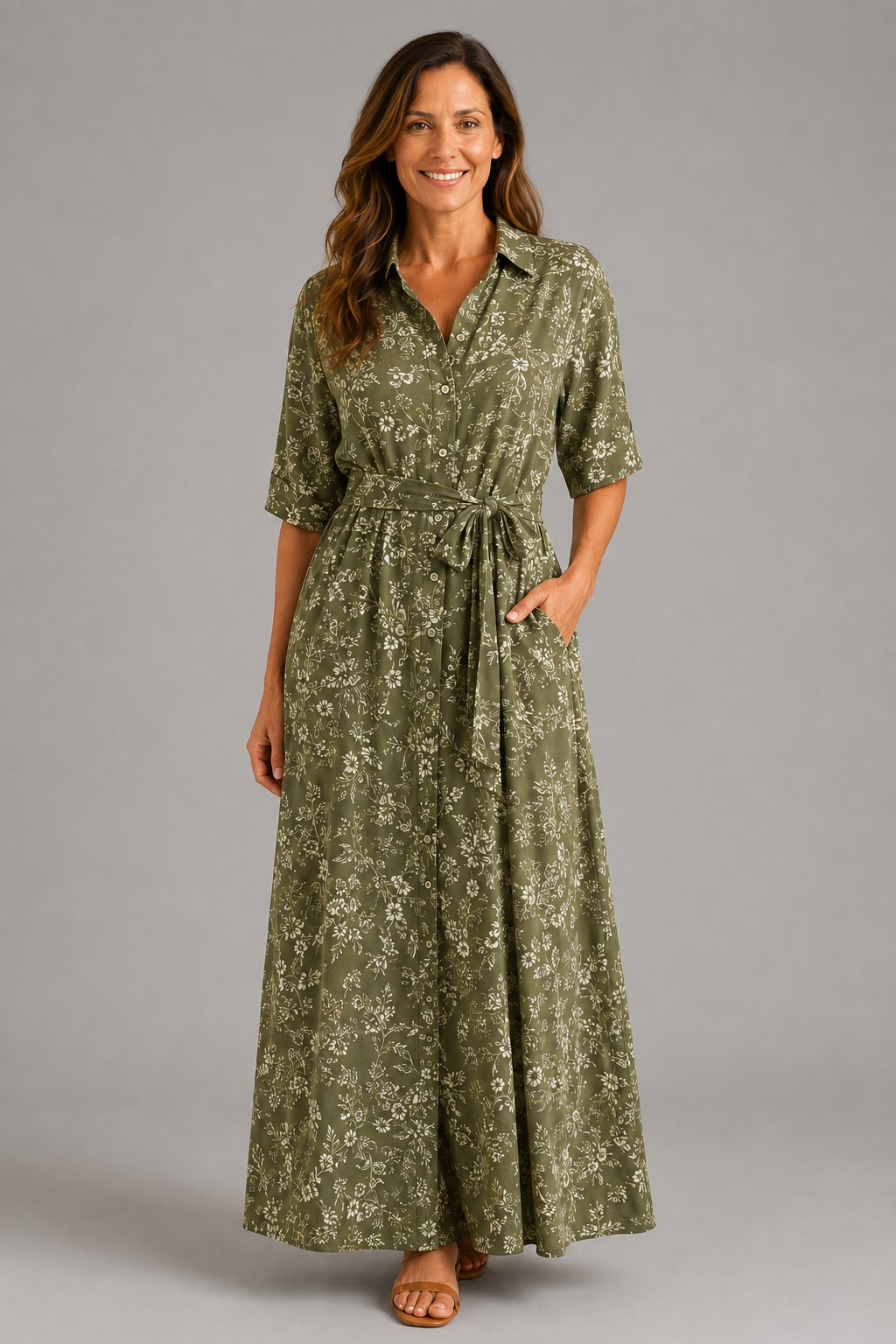 Olive Meadow Floral Shirt Maxi Dress – front view