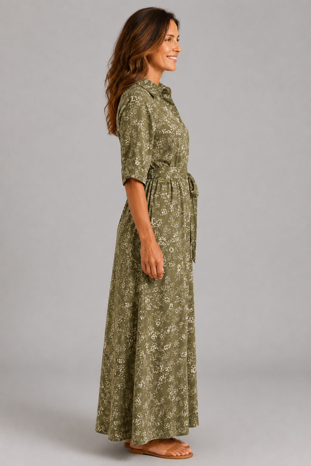 Olive Meadow Floral Shirt Maxi Dress – side view