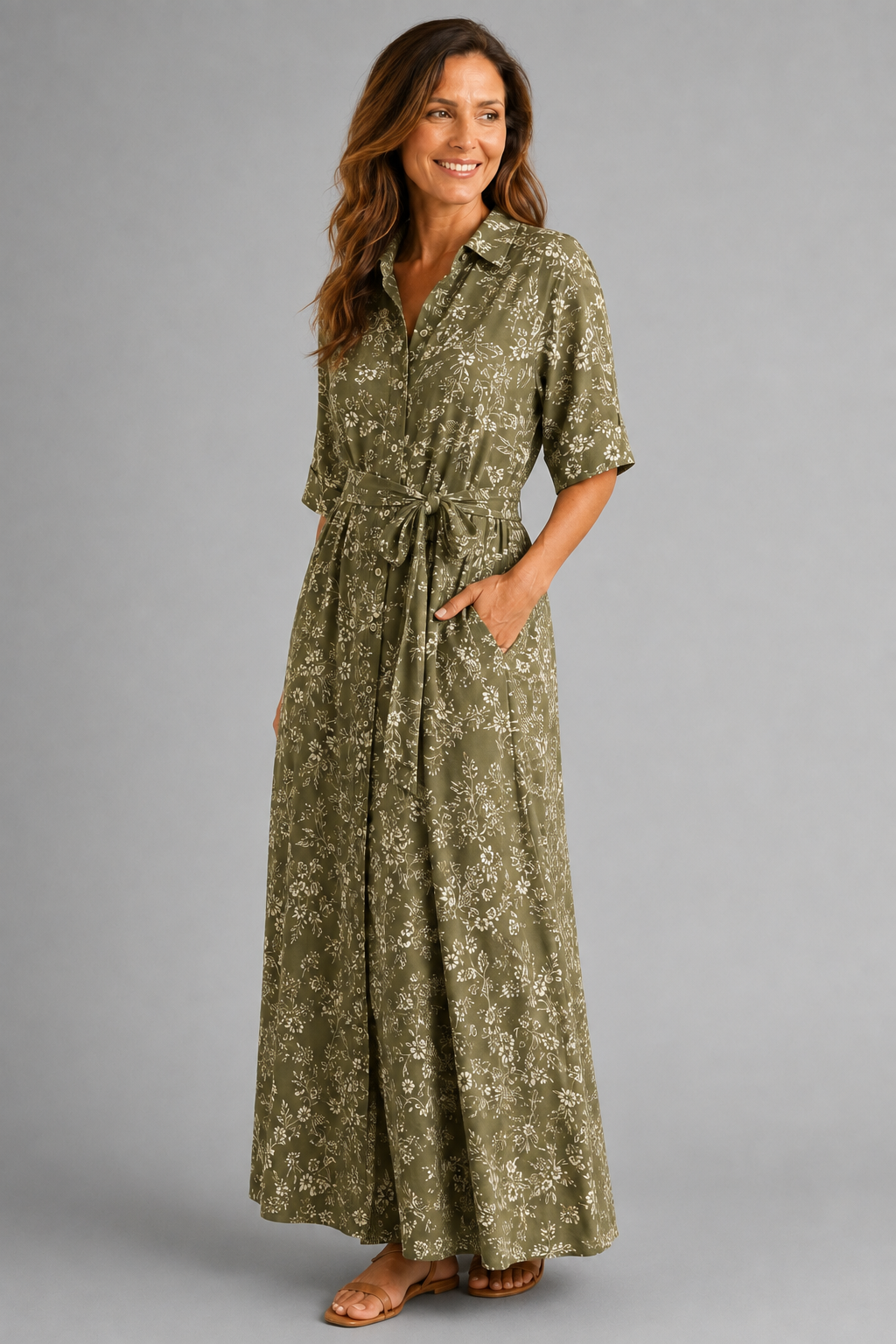 Olive Meadow Floral Shirt Maxi Dress – three-quarter view