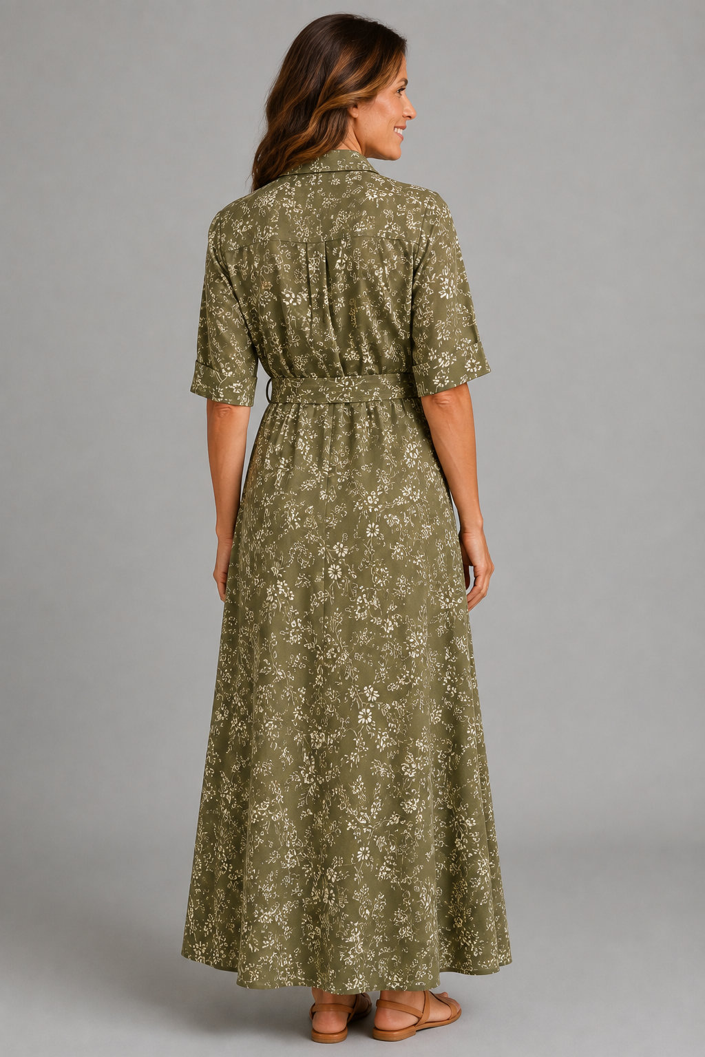 Olive Meadow Floral Shirt Maxi Dress – back view