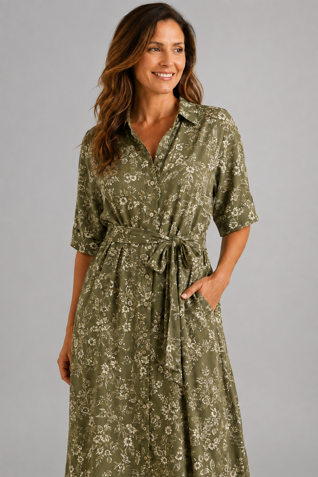 Olive Meadow Floral Shirt Maxi Dress – collar, belt and fabric detail