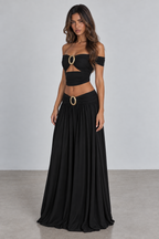 Black off shoulder oval buckle maxi set angled view