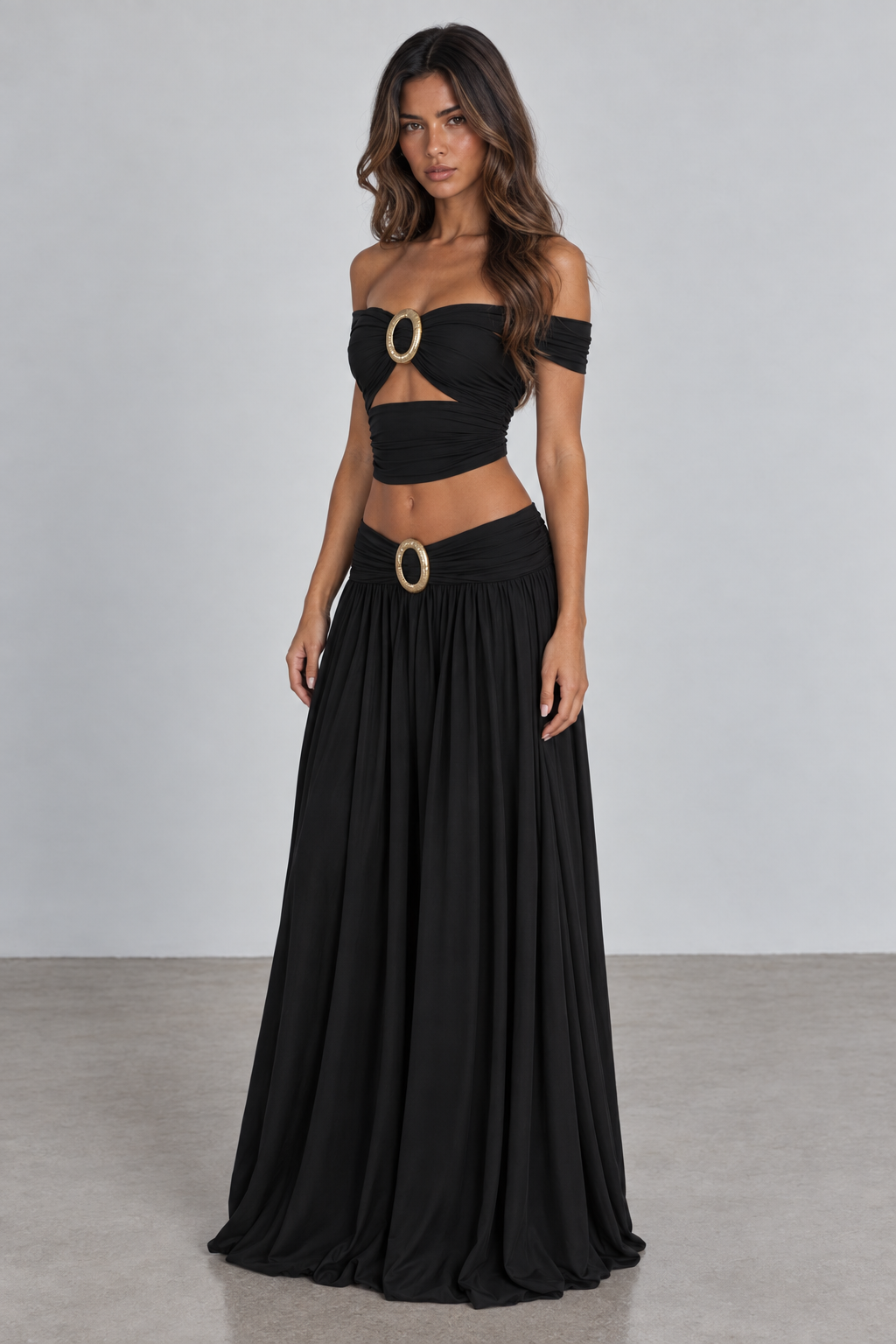 Black off shoulder oval buckle maxi set angled view