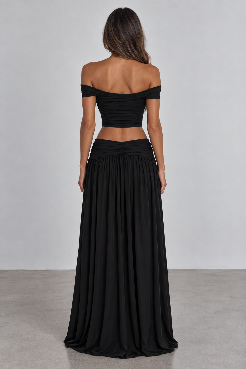 Black off shoulder oval buckle maxi set back view