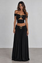Black off shoulder oval buckle maxi set front view