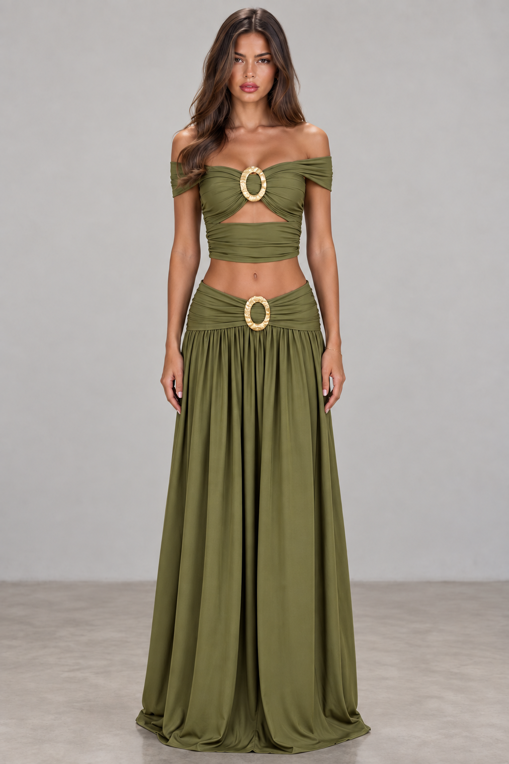 Olive off shoulder oval buckle maxi set front view