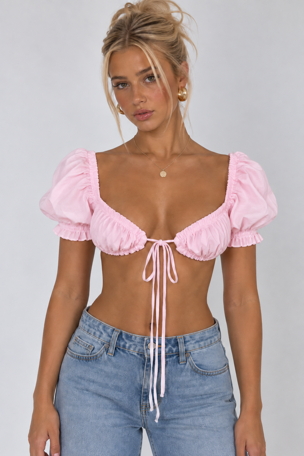 Puff-Sleeve Tie-Front Bralette Top