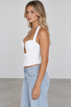 Sculpted plunge halter top, white side view